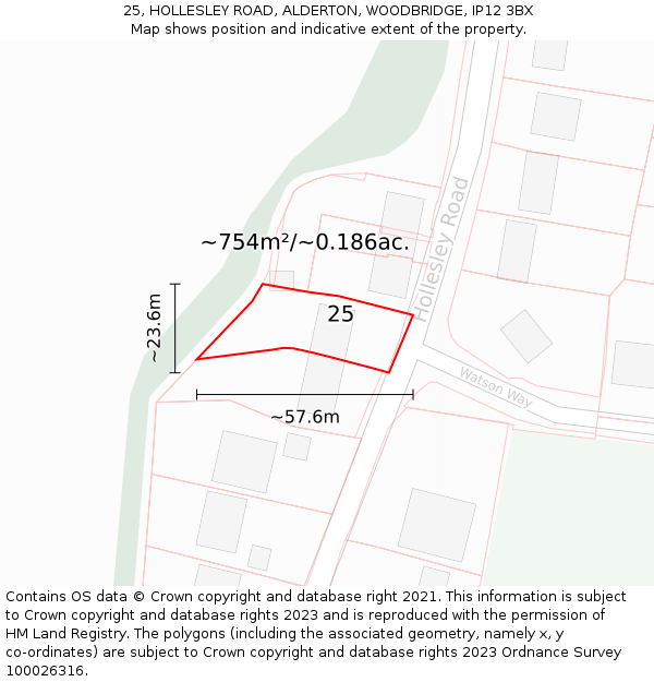 25, HOLLESLEY ROAD, ALDERTON, WOODBRIDGE, IP12 3BX: Plot and title map