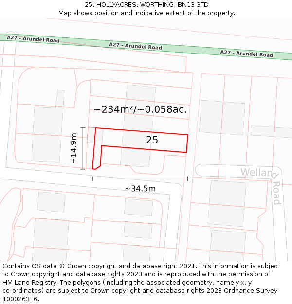 25, HOLLYACRES, WORTHING, BN13 3TD: Plot and title map