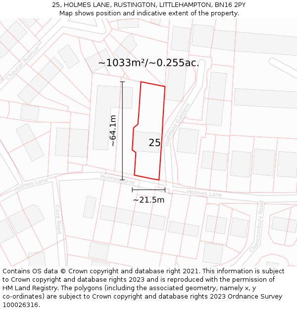 25, HOLMES LANE, RUSTINGTON, LITTLEHAMPTON, BN16 2PY: Plot and title map