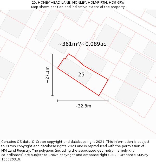 25, HONEY HEAD LANE, HONLEY, HOLMFIRTH, HD9 6RW: Plot and title map