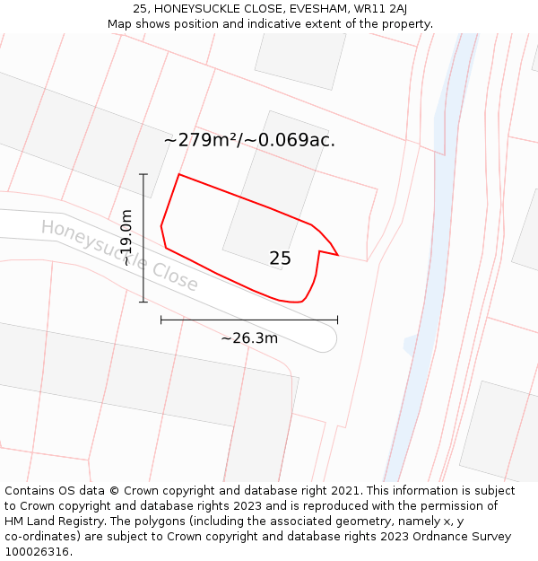 25, HONEYSUCKLE CLOSE, EVESHAM, WR11 2AJ: Plot and title map