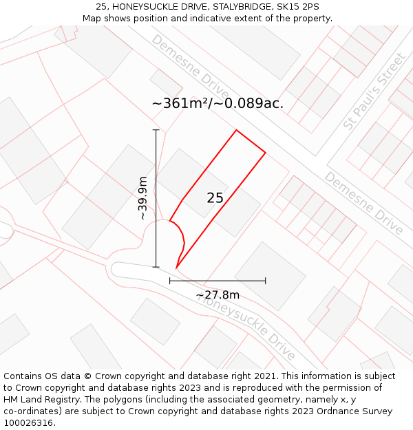 25, HONEYSUCKLE DRIVE, STALYBRIDGE, SK15 2PS: Plot and title map
