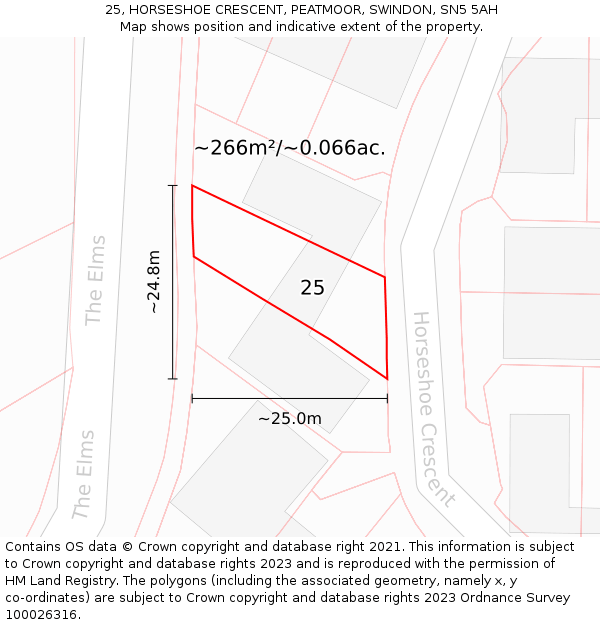 25, HORSESHOE CRESCENT, PEATMOOR, SWINDON, SN5 5AH: Plot and title map