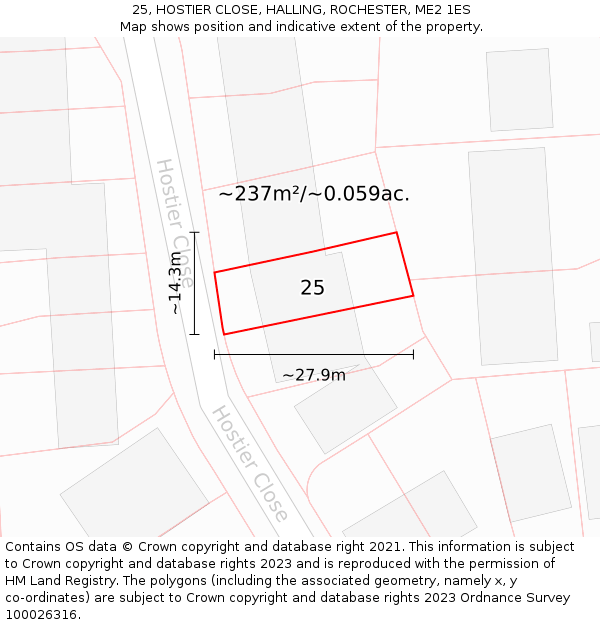 25, HOSTIER CLOSE, HALLING, ROCHESTER, ME2 1ES: Plot and title map