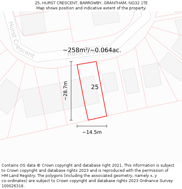 25, HURST CRESCENT, BARROWBY, GRANTHAM, NG32 1TE: Plot and title map