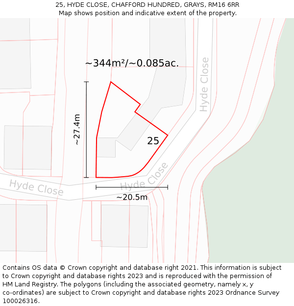 25, HYDE CLOSE, CHAFFORD HUNDRED, GRAYS, RM16 6RR: Plot and title map