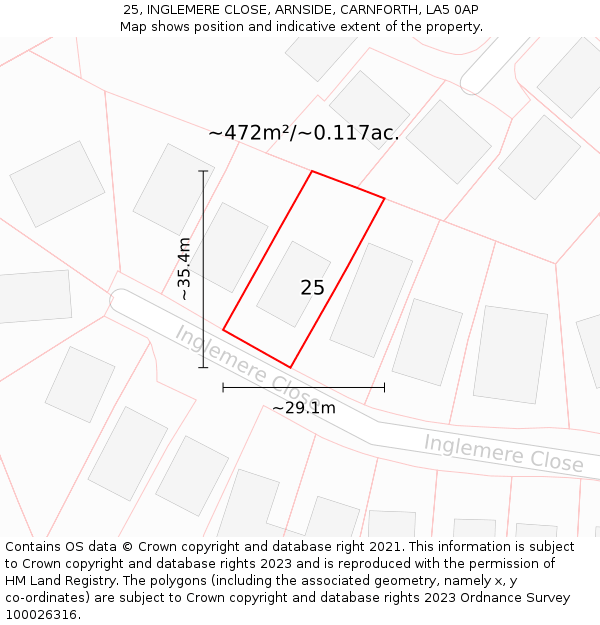 25, INGLEMERE CLOSE, ARNSIDE, CARNFORTH, LA5 0AP: Plot and title map