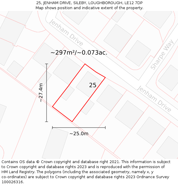 25, JENHAM DRIVE, SILEBY, LOUGHBOROUGH, LE12 7DP: Plot and title map