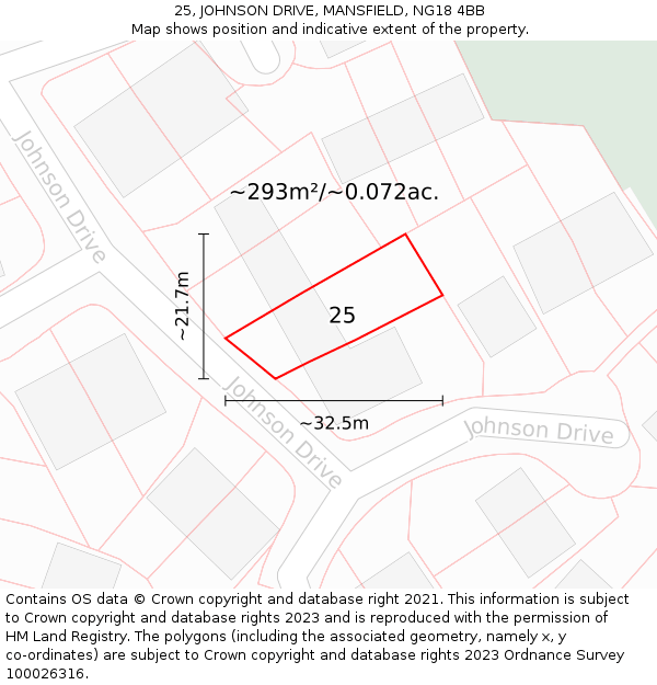 25, JOHNSON DRIVE, MANSFIELD, NG18 4BB: Plot and title map