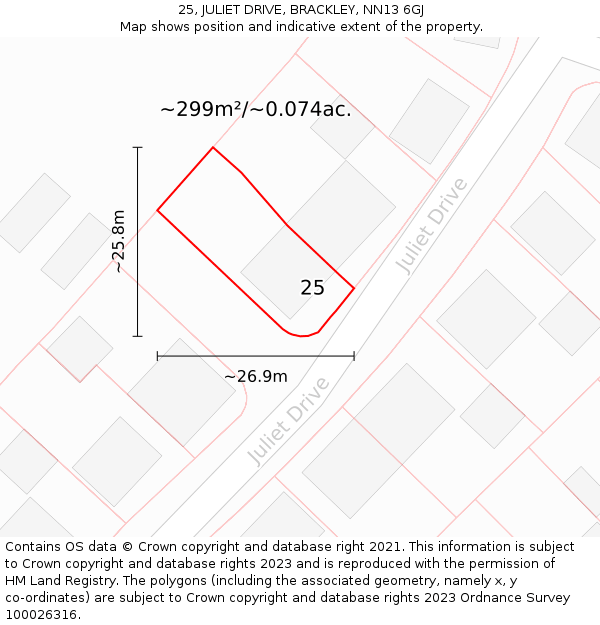 25, JULIET DRIVE, BRACKLEY, NN13 6GJ: Plot and title map