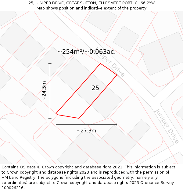25, JUNIPER DRIVE, GREAT SUTTON, ELLESMERE PORT, CH66 2YW: Plot and title map