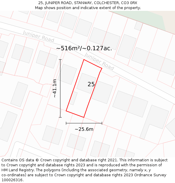 25, JUNIPER ROAD, STANWAY, COLCHESTER, CO3 0RX: Plot and title map