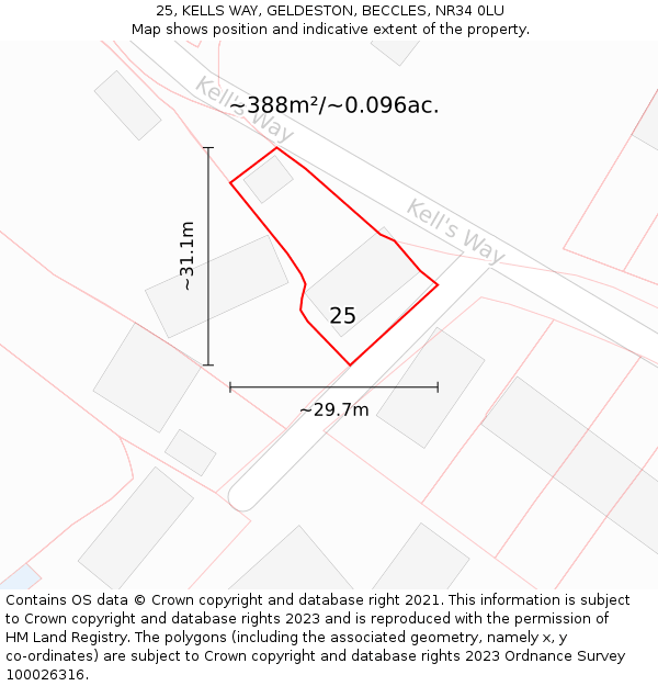 25, KELLS WAY, GELDESTON, BECCLES, NR34 0LU: Plot and title map