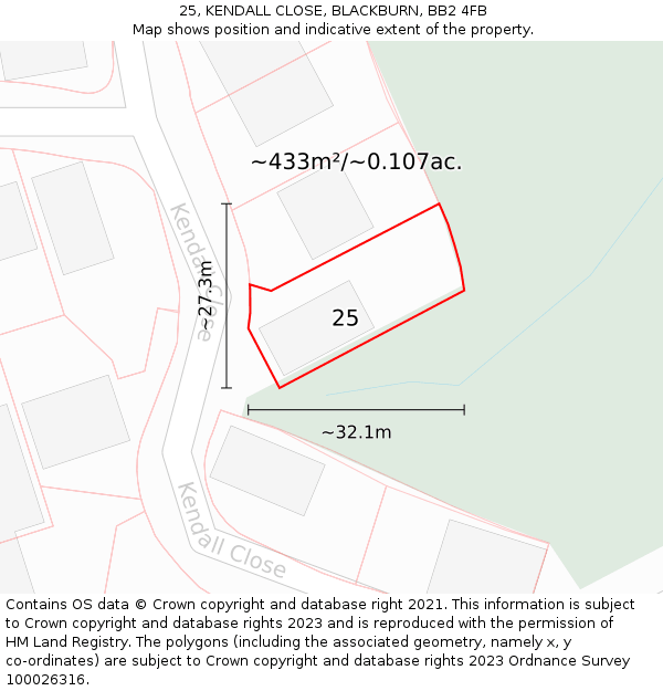 25, KENDALL CLOSE, BLACKBURN, BB2 4FB: Plot and title map