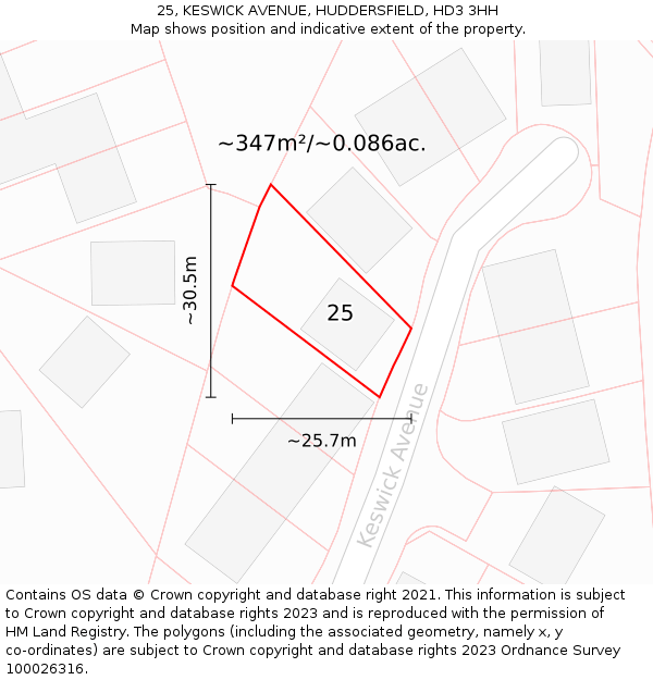 25, KESWICK AVENUE, HUDDERSFIELD, HD3 3HH: Plot and title map