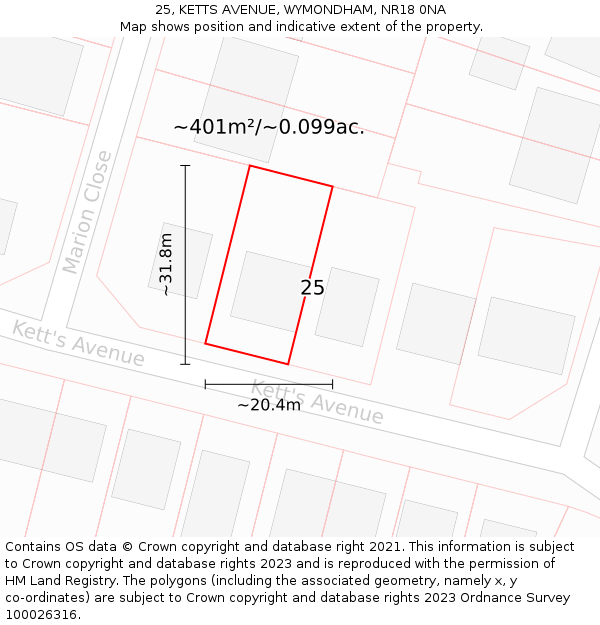 25, KETTS AVENUE, WYMONDHAM, NR18 0NA: Plot and title map