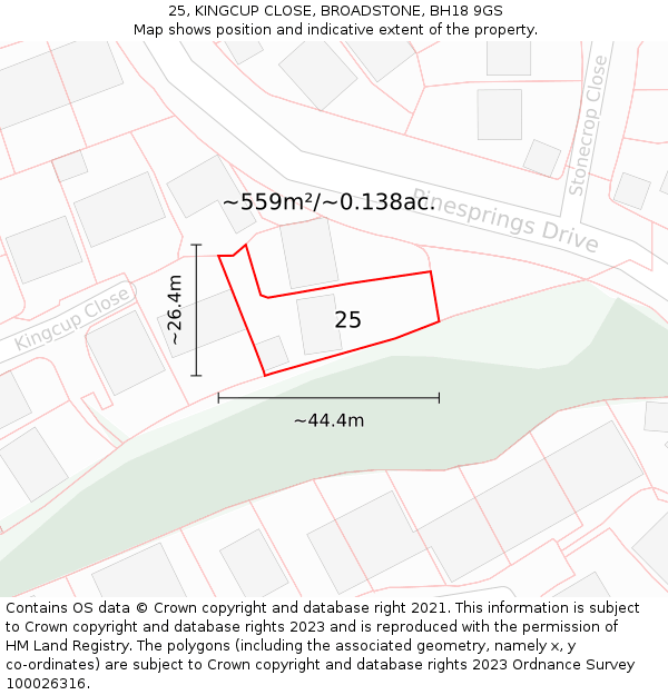 25, KINGCUP CLOSE, BROADSTONE, BH18 9GS: Plot and title map