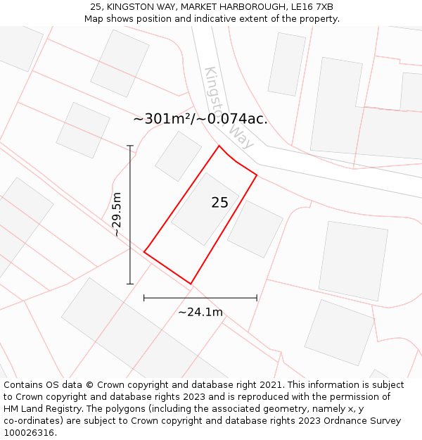 25, KINGSTON WAY, MARKET HARBOROUGH, LE16 7XB: Plot and title map