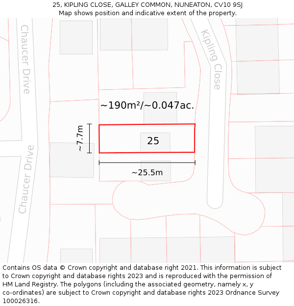 25, KIPLING CLOSE, GALLEY COMMON, NUNEATON, CV10 9SJ: Plot and title map
