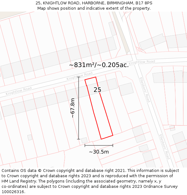 25, KNIGHTLOW ROAD, HARBORNE, BIRMINGHAM, B17 8PS: Plot and title map
