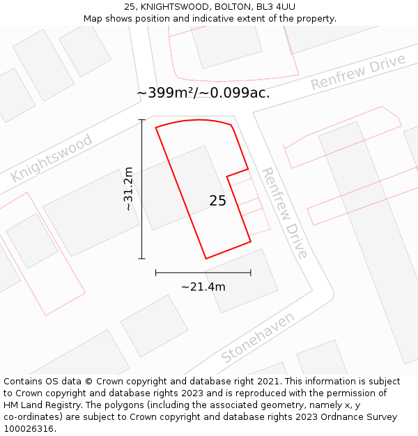 25, KNIGHTSWOOD, BOLTON, BL3 4UU: Plot and title map