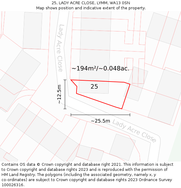 25, LADY ACRE CLOSE, LYMM, WA13 0SN: Plot and title map