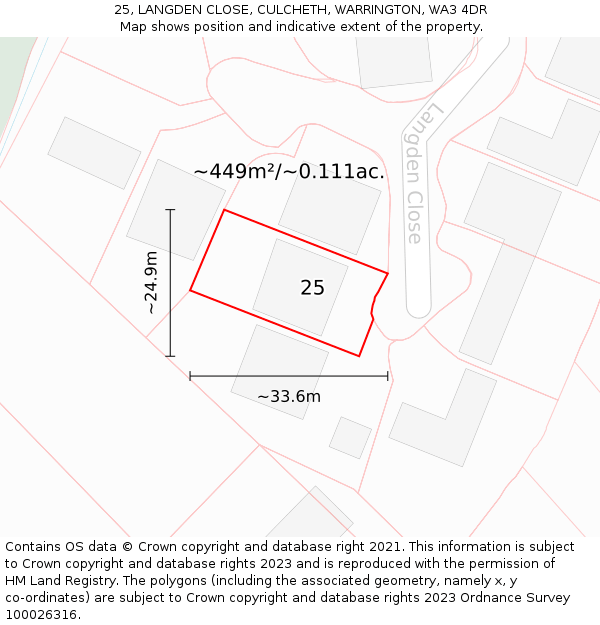 25, LANGDEN CLOSE, CULCHETH, WARRINGTON, WA3 4DR: Plot and title map