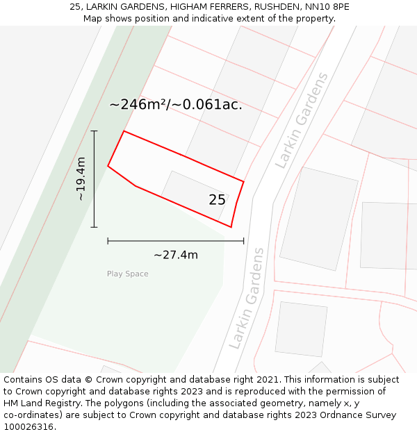 25, LARKIN GARDENS, HIGHAM FERRERS, RUSHDEN, NN10 8PE: Plot and title map