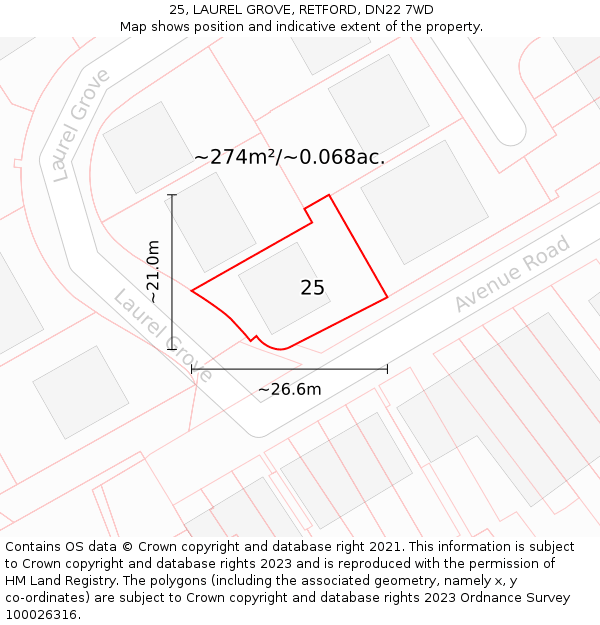 25, LAUREL GROVE, RETFORD, DN22 7WD: Plot and title map