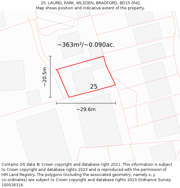 25, LAUREL PARK, WILSDEN, BRADFORD, BD15 0NQ: Plot and title map