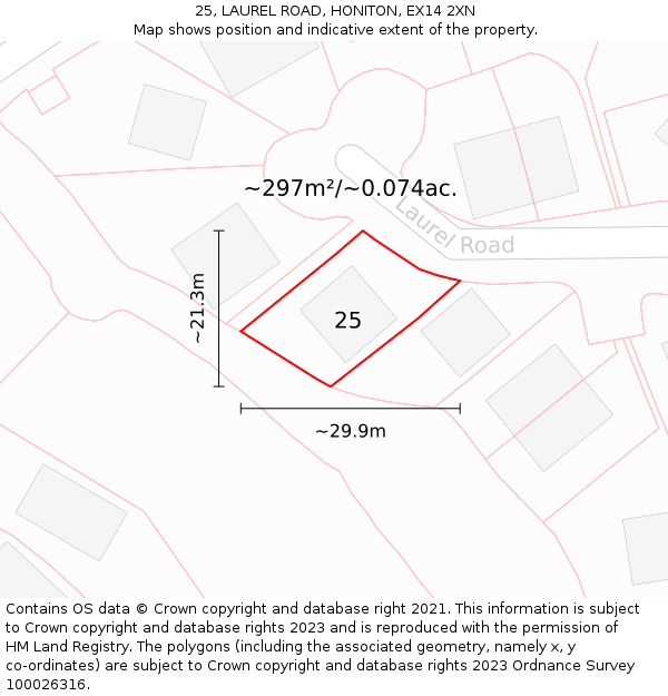 25, LAUREL ROAD, HONITON, EX14 2XN: Plot and title map