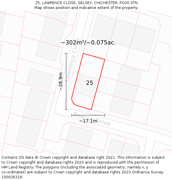 25, LAWRENCE CLOSE, SELSEY, CHICHESTER, PO20 0TN: Plot and title map