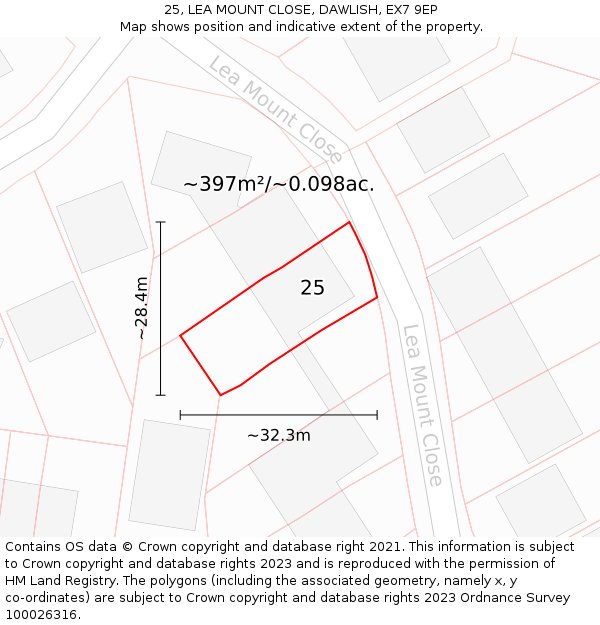 25, LEA MOUNT CLOSE, DAWLISH, EX7 9EP: Plot and title map