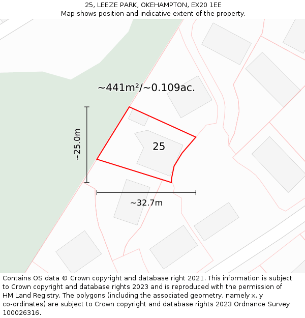 25, LEEZE PARK, OKEHAMPTON, EX20 1EE: Plot and title map