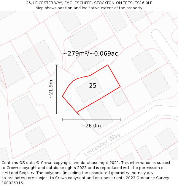 25, LEICESTER WAY, EAGLESCLIFFE, STOCKTON-ON-TEES, TS16 0LP: Plot and title map