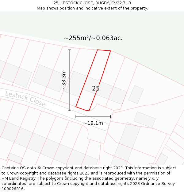25, LESTOCK CLOSE, RUGBY, CV22 7HR: Plot and title map