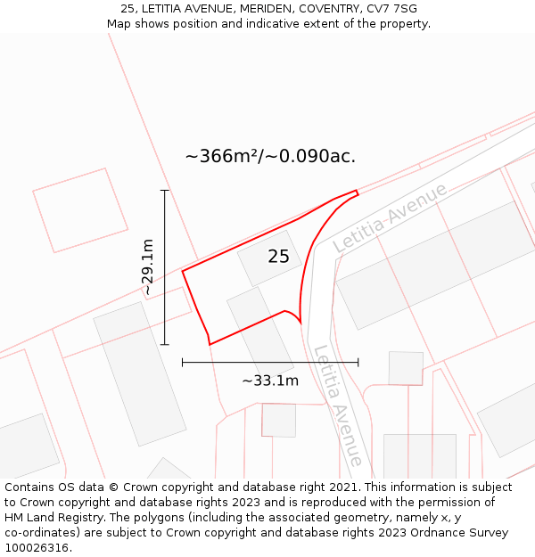25, LETITIA AVENUE, MERIDEN, COVENTRY, CV7 7SG: Plot and title map