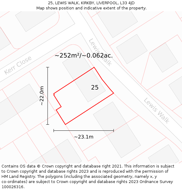 25, LEWIS WALK, KIRKBY, LIVERPOOL, L33 4JD: Plot and title map