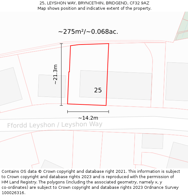 25, LEYSHON WAY, BRYNCETHIN, BRIDGEND, CF32 9AZ: Plot and title map
