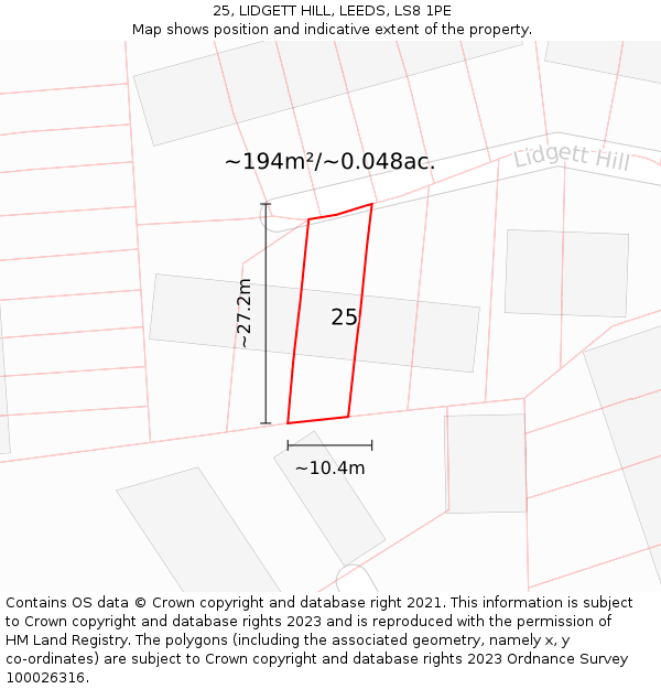 25, LIDGETT HILL, LEEDS, LS8 1PE: Plot and title map