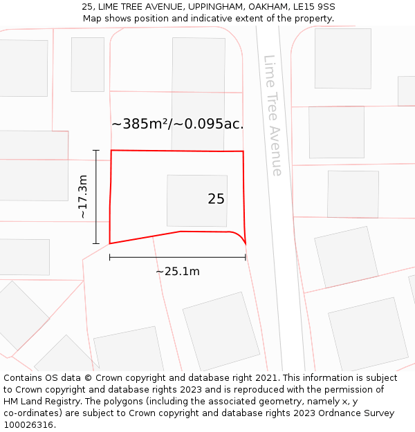 25, LIME TREE AVENUE, UPPINGHAM, OAKHAM, LE15 9SS: Plot and title map