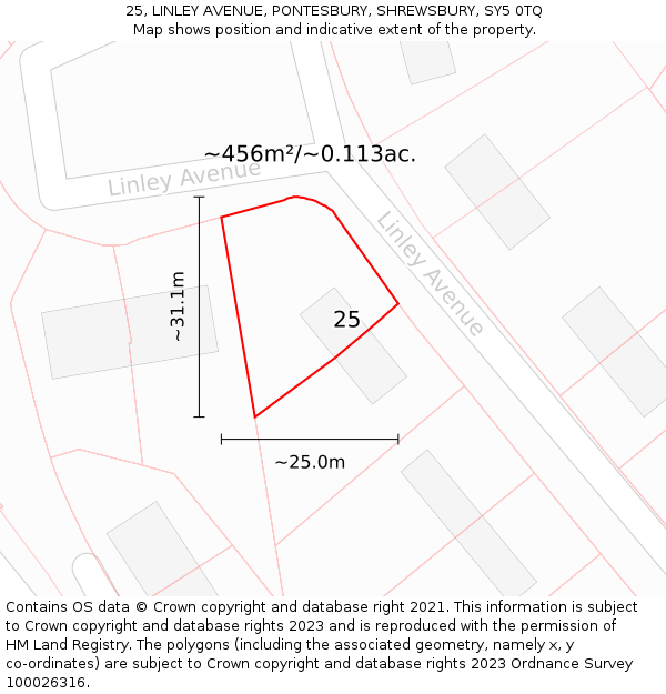 25, LINLEY AVENUE, PONTESBURY, SHREWSBURY, SY5 0TQ: Plot and title map
