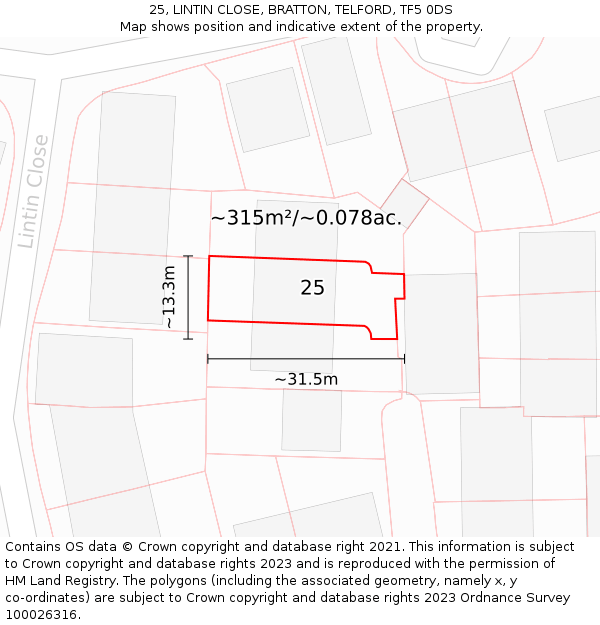25, LINTIN CLOSE, BRATTON, TELFORD, TF5 0DS: Plot and title map