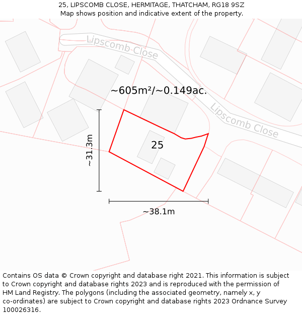 25, LIPSCOMB CLOSE, HERMITAGE, THATCHAM, RG18 9SZ: Plot and title map
