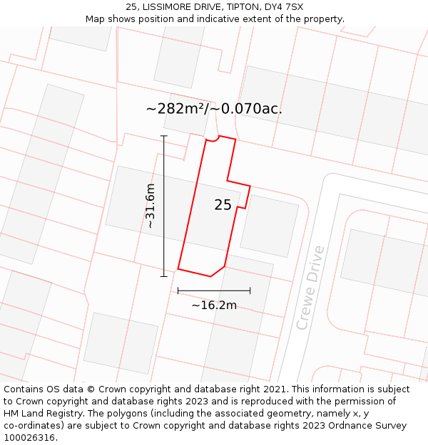25, LISSIMORE DRIVE, TIPTON, DY4 7SX: Plot and title map