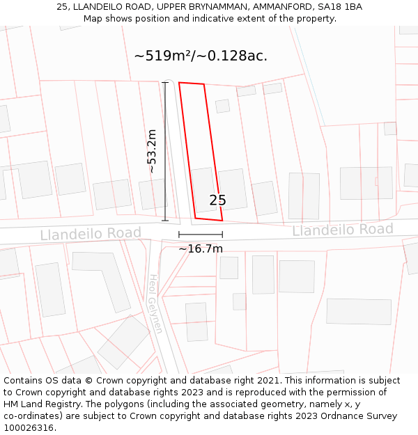 25, LLANDEILO ROAD, UPPER BRYNAMMAN, AMMANFORD, SA18 1BA: Plot and title map