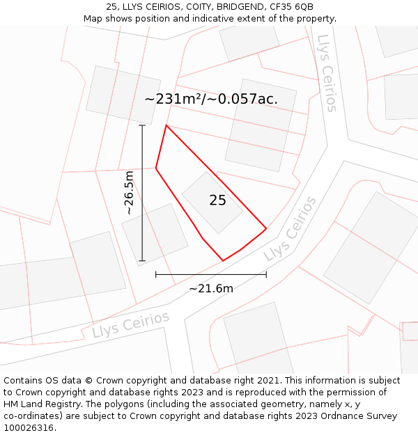 25, LLYS CEIRIOS, COITY, BRIDGEND, CF35 6QB: Plot and title map