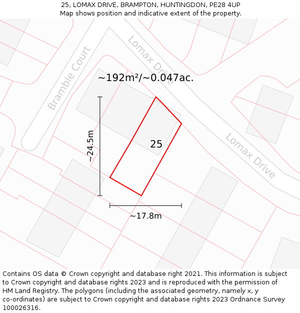 25, LOMAX DRIVE, BRAMPTON, HUNTINGDON, PE28 4UP: Plot and title map
