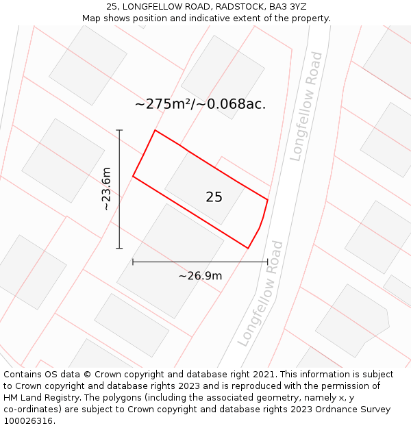25, LONGFELLOW ROAD, RADSTOCK, BA3 3YZ: Plot and title map