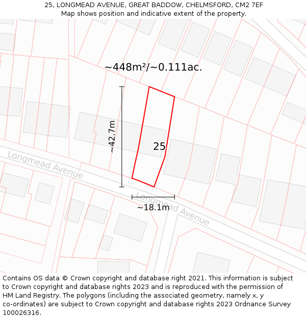 25, LONGMEAD AVENUE, GREAT BADDOW, CHELMSFORD, CM2 7EF: Plot and title map